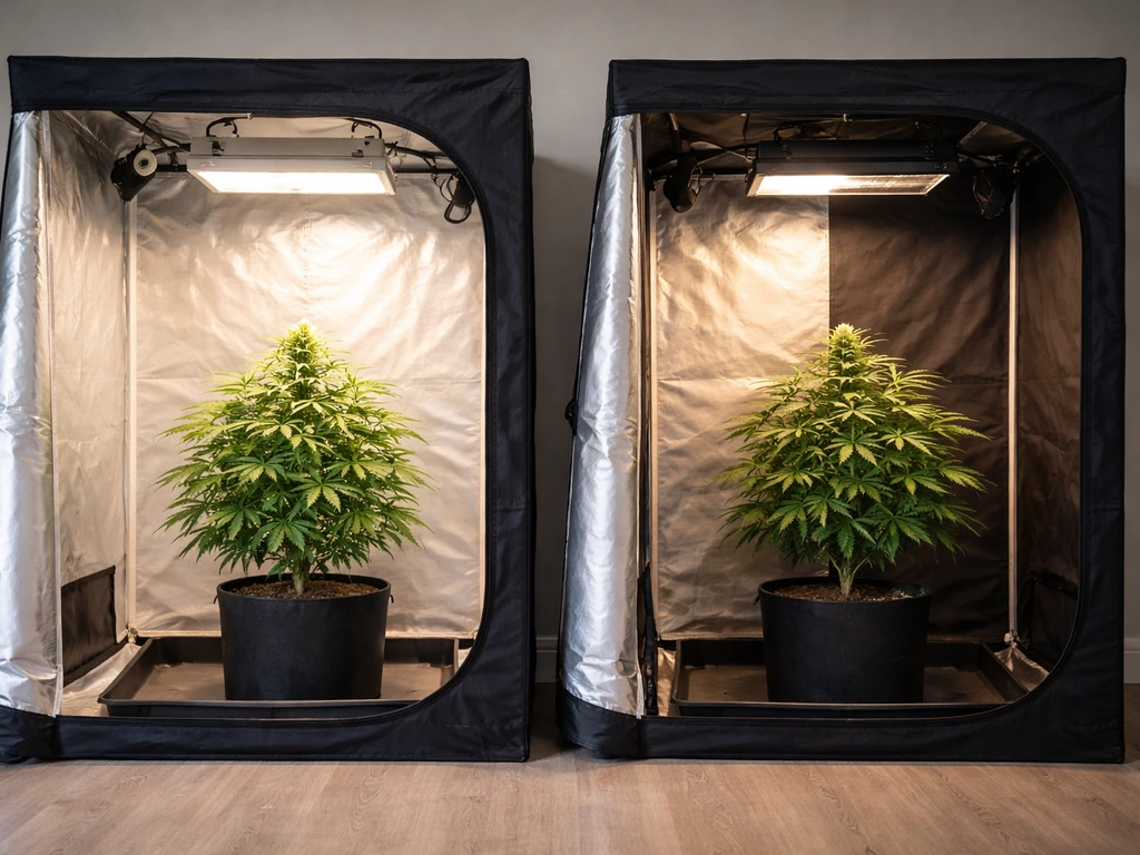 Two grow trays: one with an autoflower plant under steady light, one with photoperiod plants on a dark period schedule.