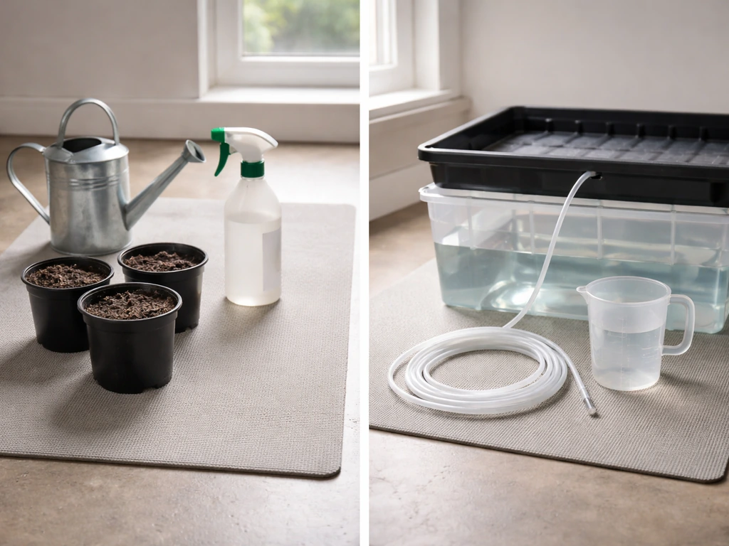 Minimal indoor grow setup with separate soil pots and a hydro reservoir, showing different watering workflows.