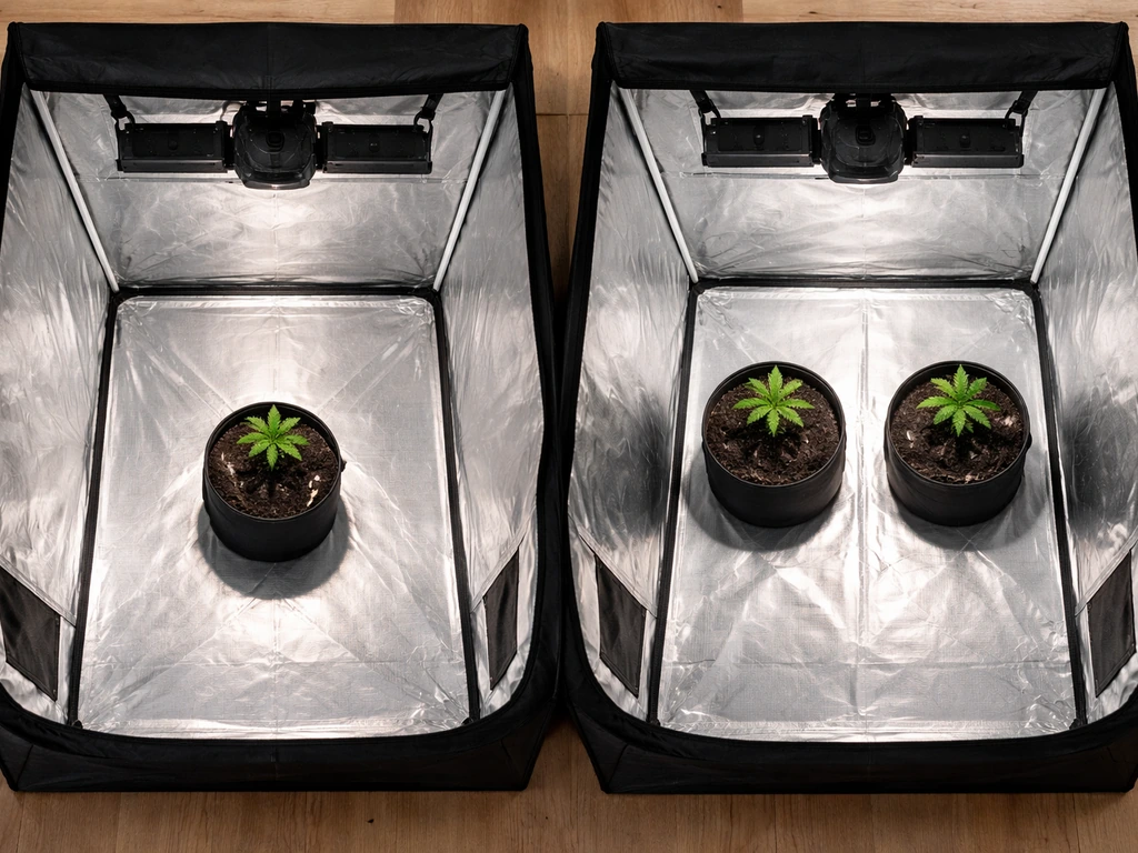 Top-down view inside a grow tent comparing one-zone vs separate-zone plant staging under one light setup.