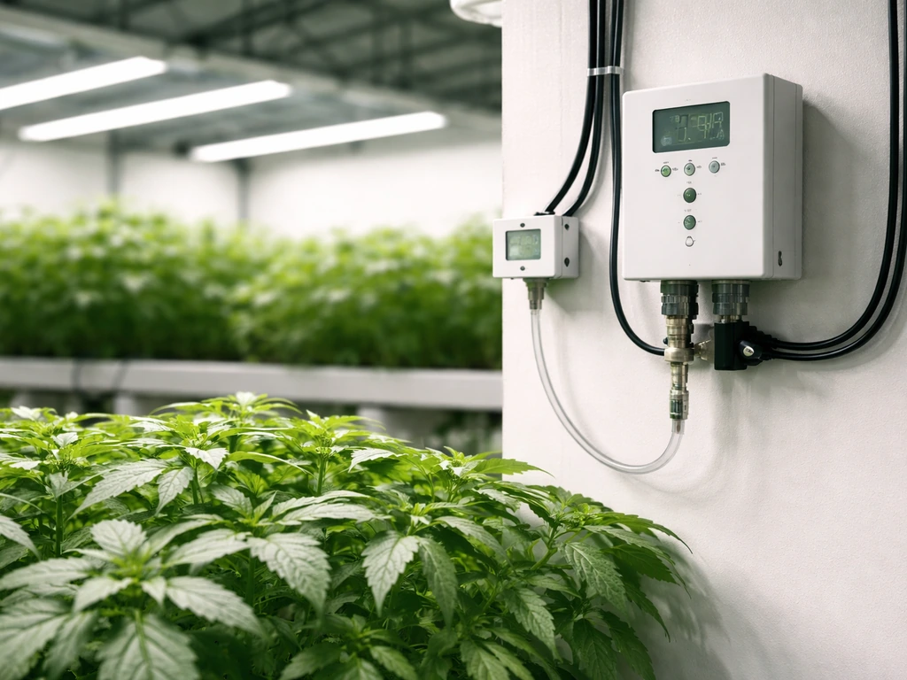 Indoor grow room with healthy plants under lights beside a CO2 sensor, controller, and injection line.