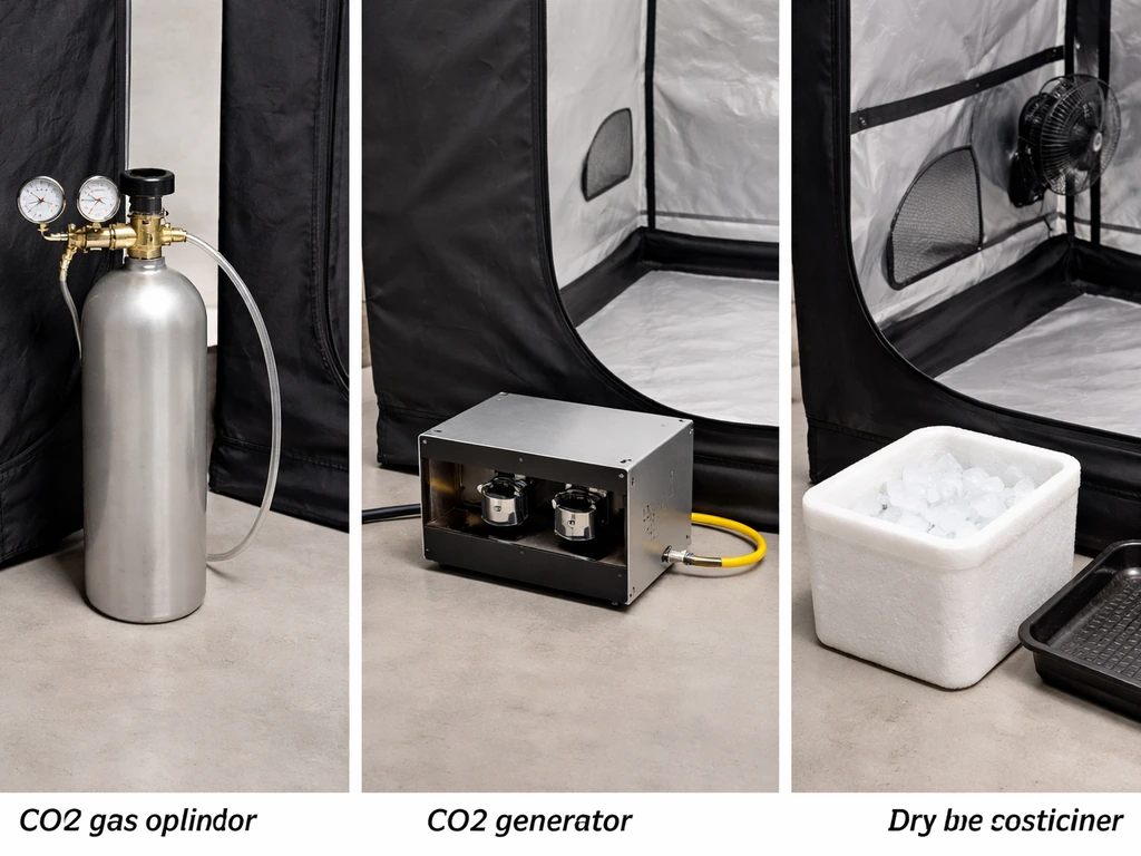Three separate panels showing a CO2 tank setup, a gas CO2 generator, and dry ice for home growing.
