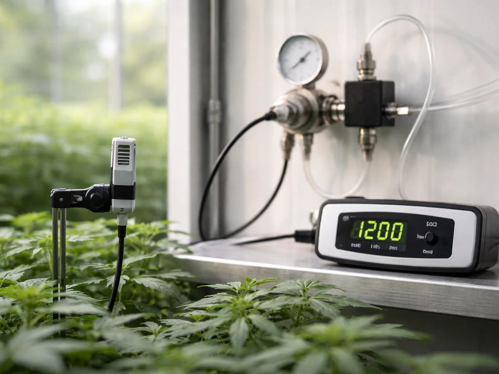Close-up of a CO2 controller setup: canopy sensor probe, regulator/solenoid, and controller display in a greenhouse.