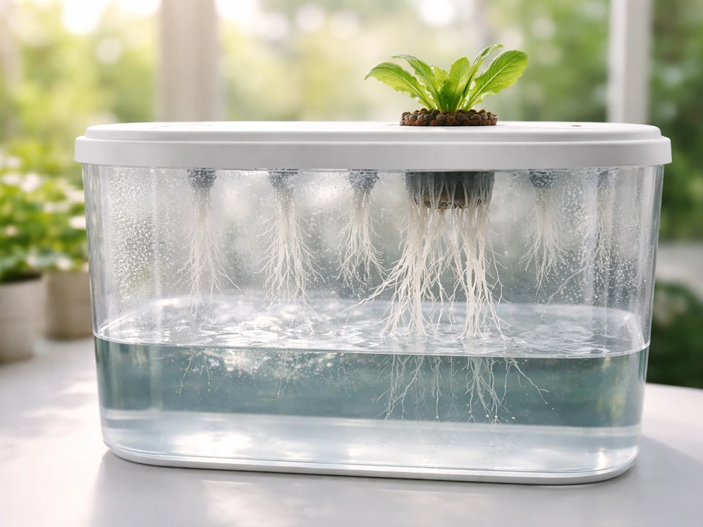 Beginner aeroponics chamber with misting droplets and crisp suspended roots of leafy greens