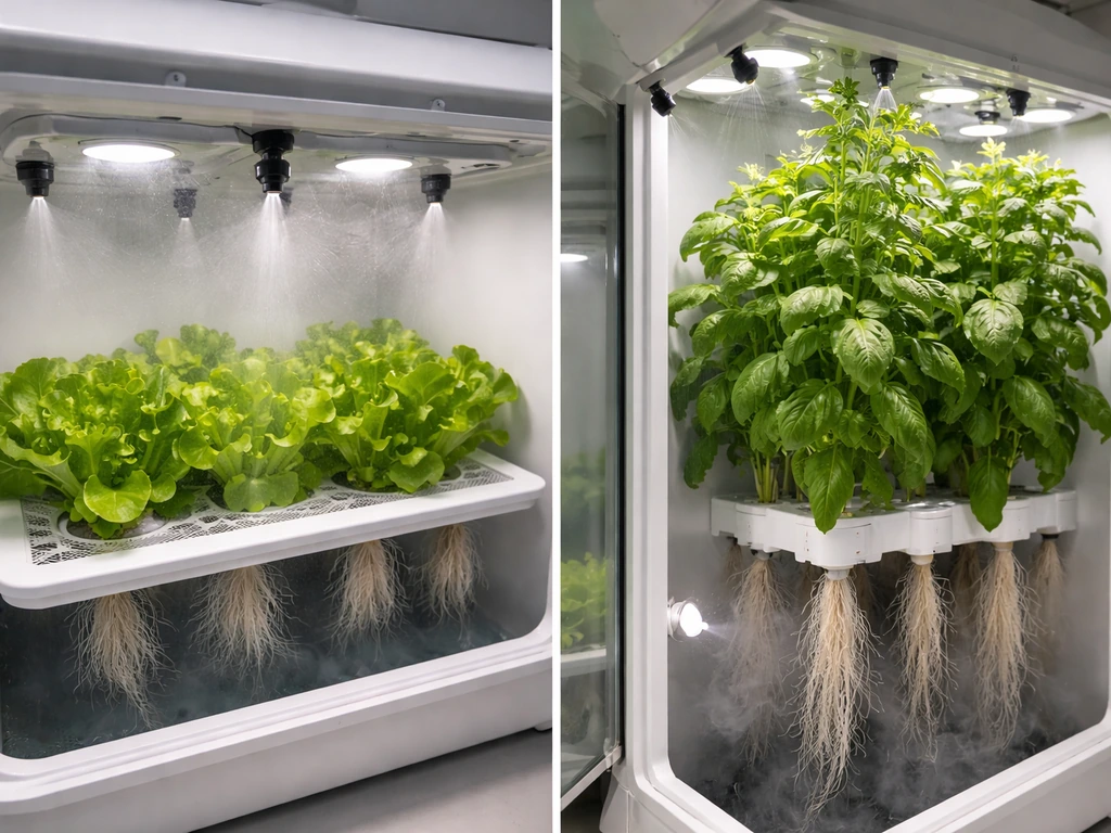 Side-by-side aeroponics: lettuce on the left for fast growth, larger system starter plants on the right.