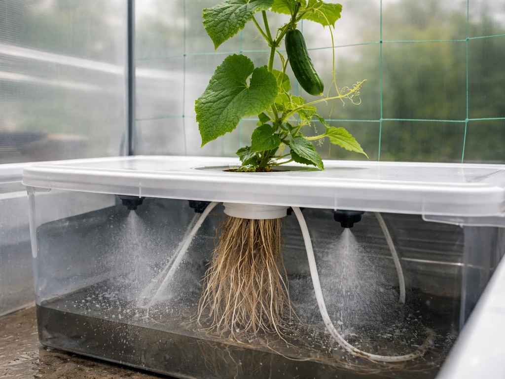 Cucumber plant on trellis with roots suspended in aeroponic mist chamber.