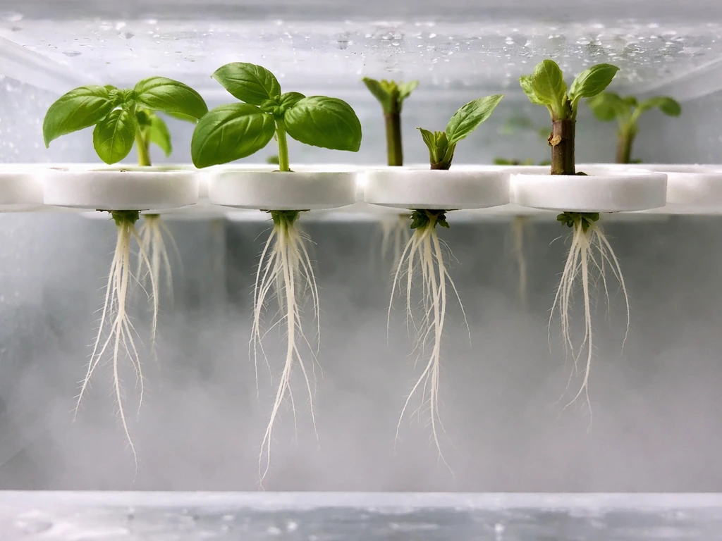 Aeroponic propagation chamber with seedlings/cuttings and fresh white roots forming in mist.