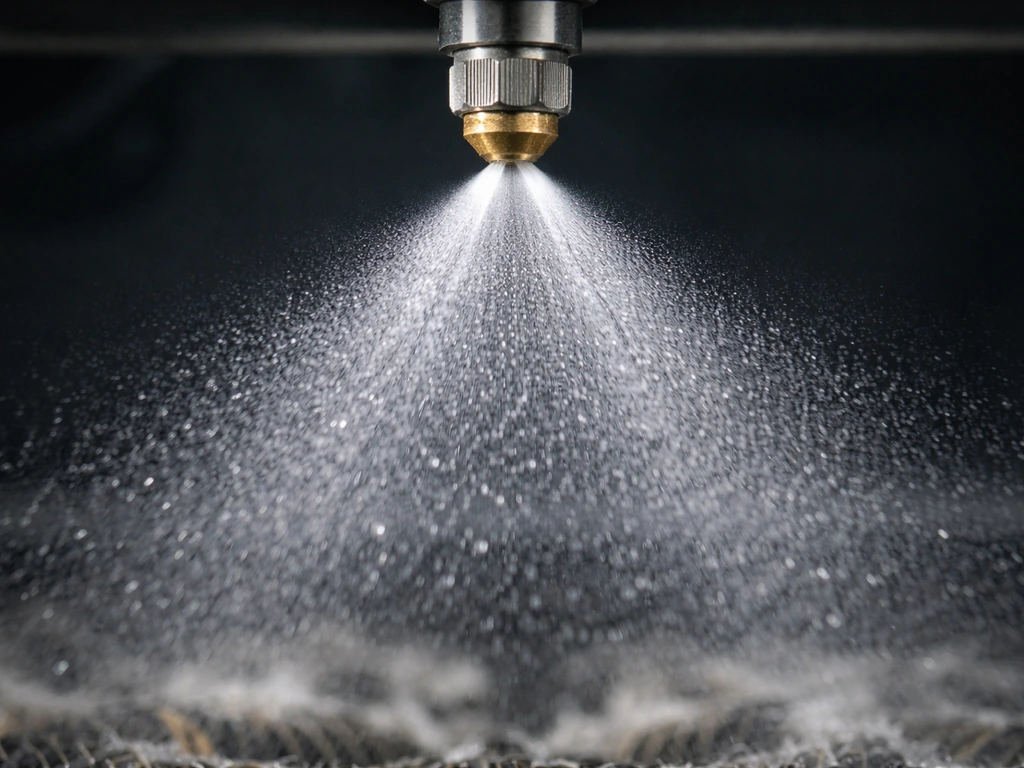 Close-up of a full-cone misting nozzle spraying visible droplets into an aeroponic root-zone