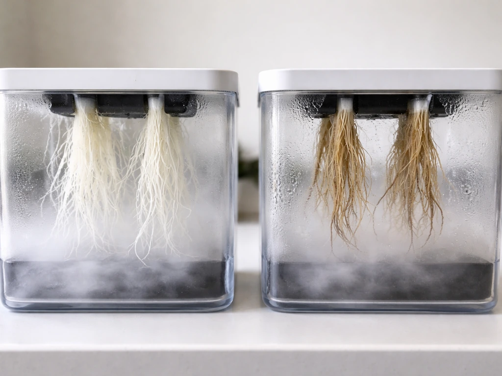Two simple aeroponics tanks side-by-side showing healthy white roots versus brown wilted roots.