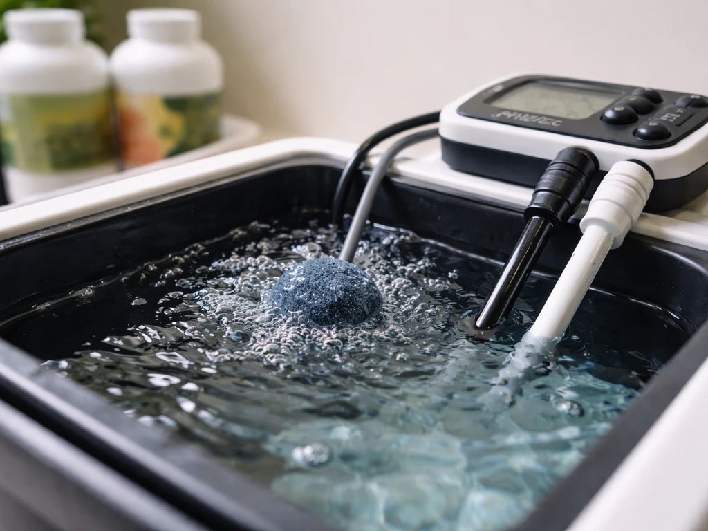 Hydroponic reservoir with bubbling air stone, pH/EC meter, and unlabeled nutrient bottles nearby.
