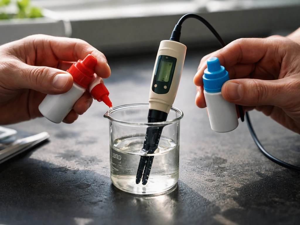 Hands adjusting hydroponic nutrient pH with pH Up/Down bottles and a pH meter at a bench.
