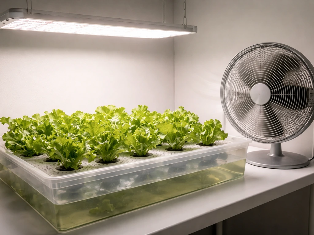 LED grow light over a hydroponic tray with an oscillating fan moving air