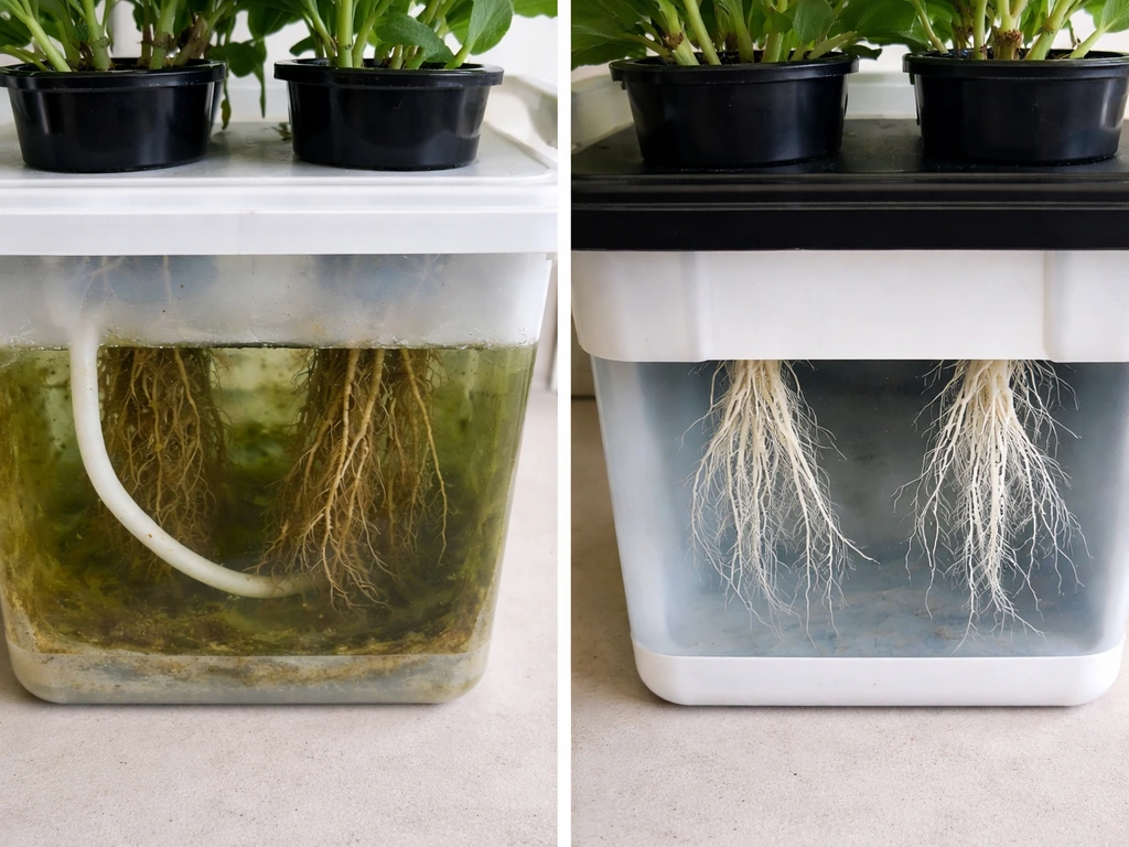 Two small garden reservoir setups: algae-slimed side and healthy white firm roots side.