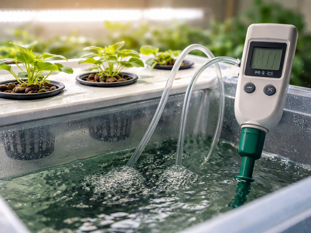 Close-up of leafy hydroponic seedlings beside a nutrient reservoir and visible pH/EC meter tubing