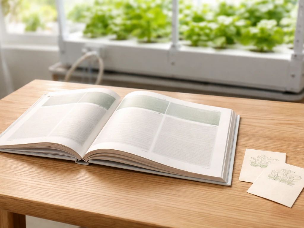 Open hydroponic grow book on a wooden table with unlabeled grow cards and blurred hydroponic setup behind