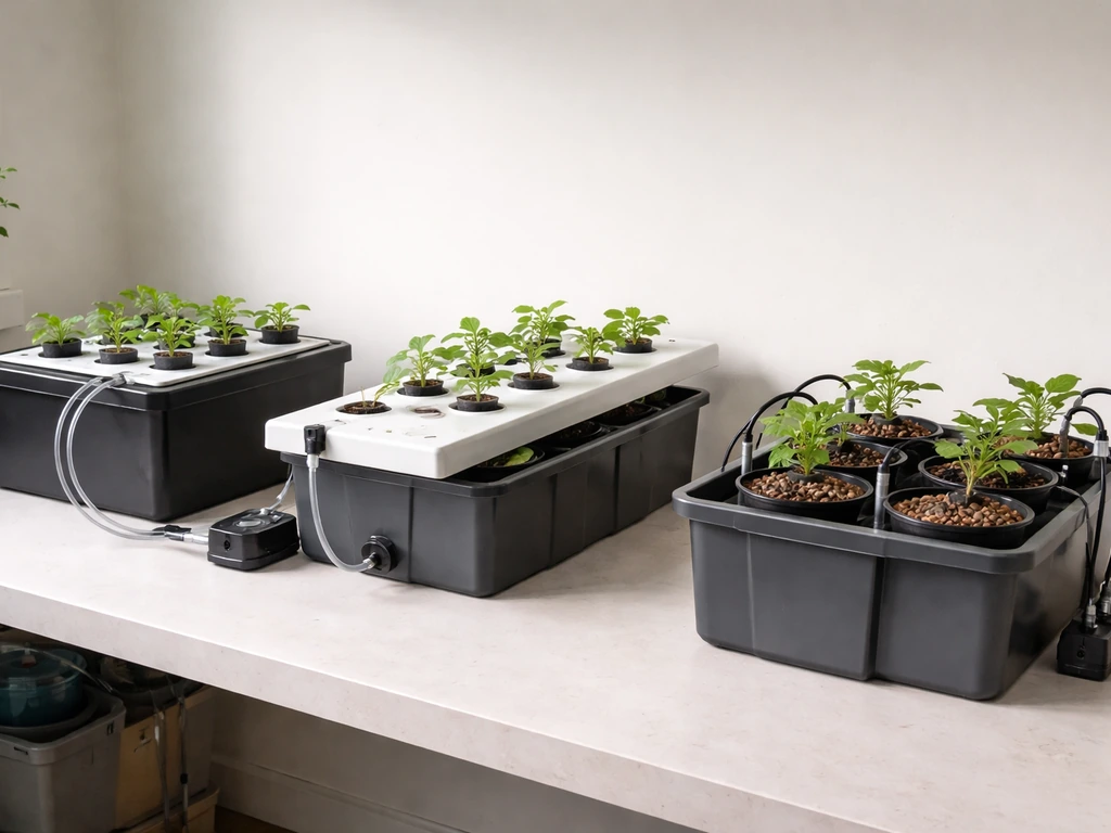 Minimal photo of four hydroponic setups—DWC, NFT, ebb-and-flow, and drip—shown as distinct systems on a bench.