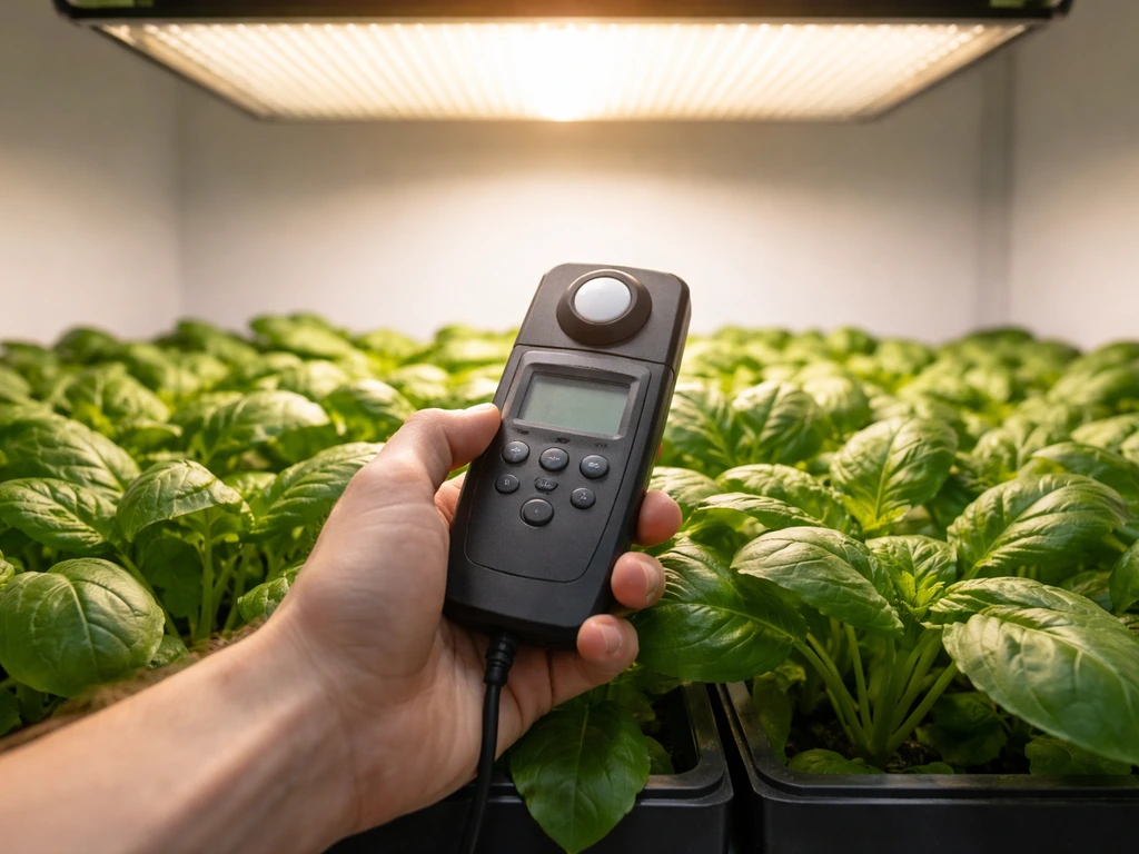 Hand holding a light meter over hydro leafy greens under a grow light canopy