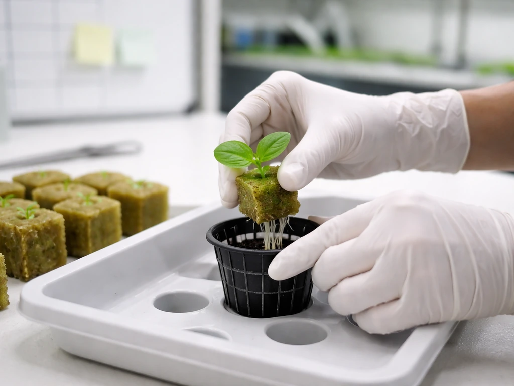 Hands placing hydroponic seedlings in a small net pot beside rockwool cubes and a simple empty scheduling board.
