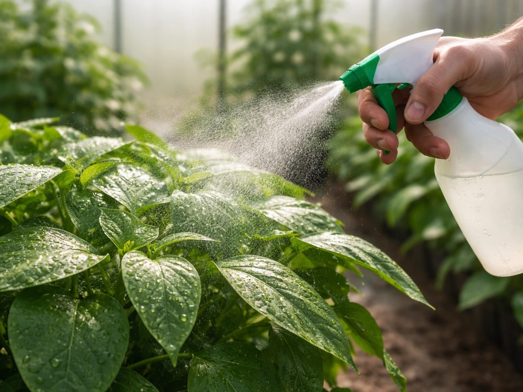 Anonymous gardener misting healthy plant leaves with a fine spray bottle in a greenhouse.