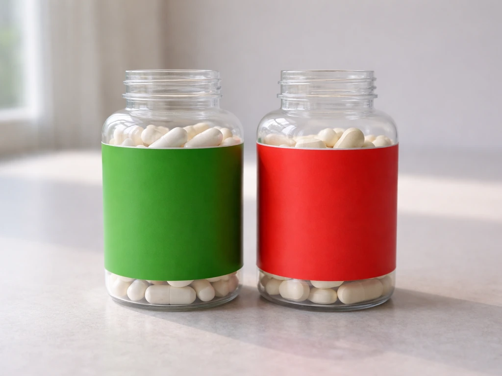 Two supplement bottles side-by-side, one with a green label and one with a red label, for color identification.
