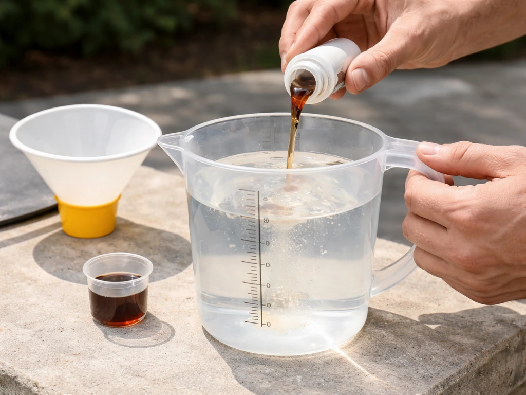 Close-up of measured Power Grow concentrate being poured into water in a clear container before filling a sprayer.