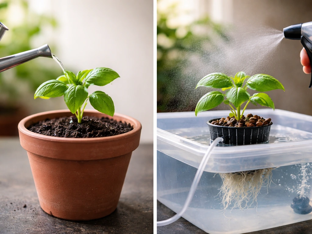 Minimal split scene: potted soil plant vs hydroponic reservoir with misting on leaves.