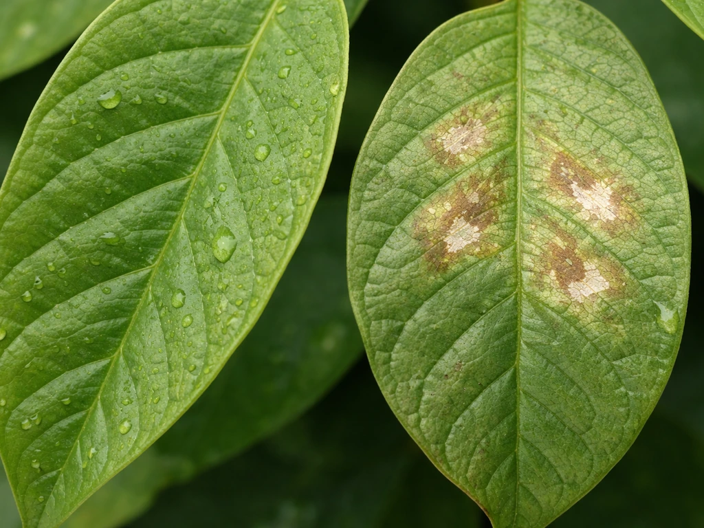 Macro close-up showing healthy leaves next to leaf-burn spots from foliar pooling.