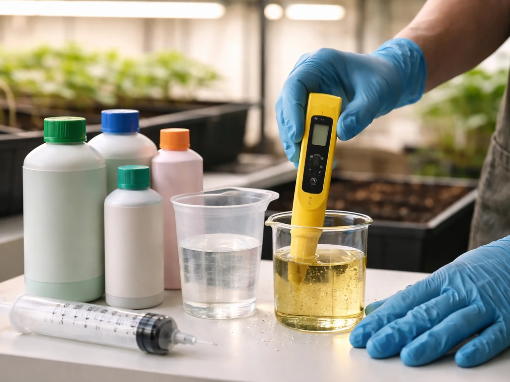 Closeup of hands testing pH with a meter and mixing grow nutrients in an indoor grow room.