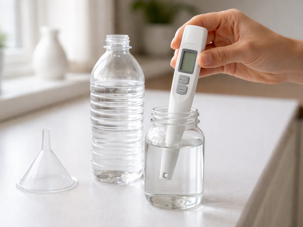 Hand holds a TDS/EC meter over a small water mixing setup with a clear bottle of source water nearby.