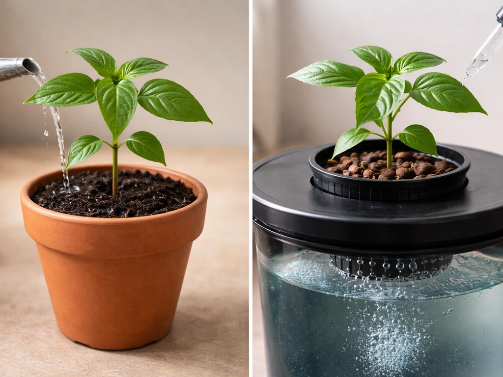 Split scene: potted soil plant on the left and hydroponic grow bucket with air stone on the right.