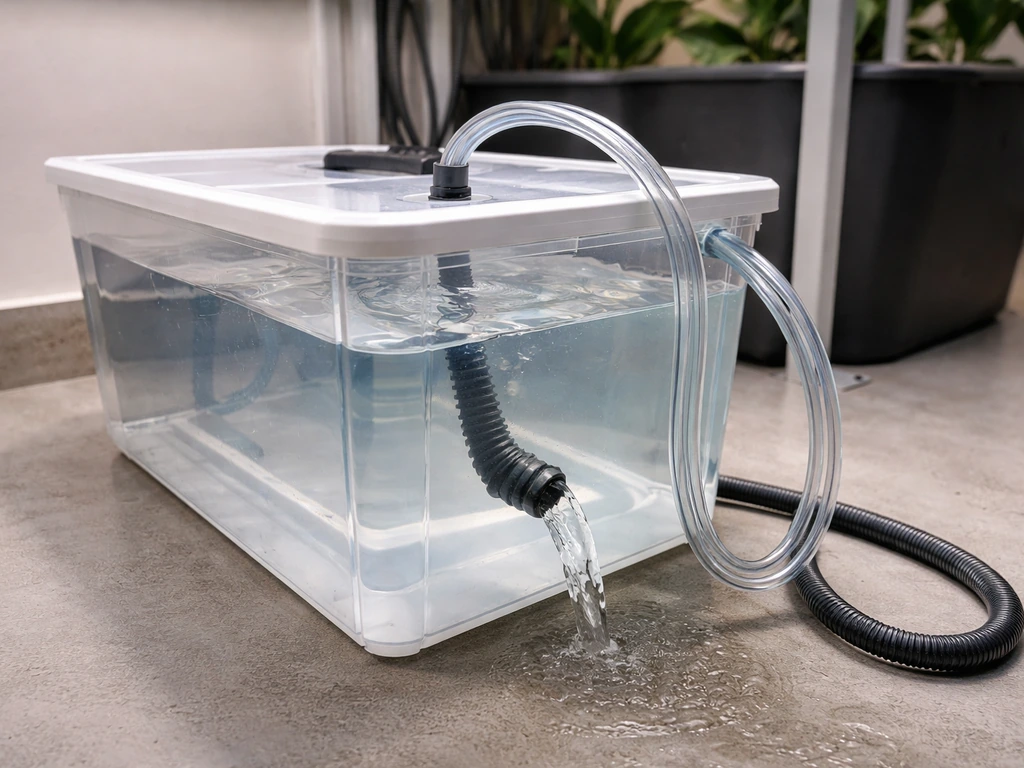 Hydroponic reservoir being drained and refilled with clear pH-adjusted water, tubing visible.