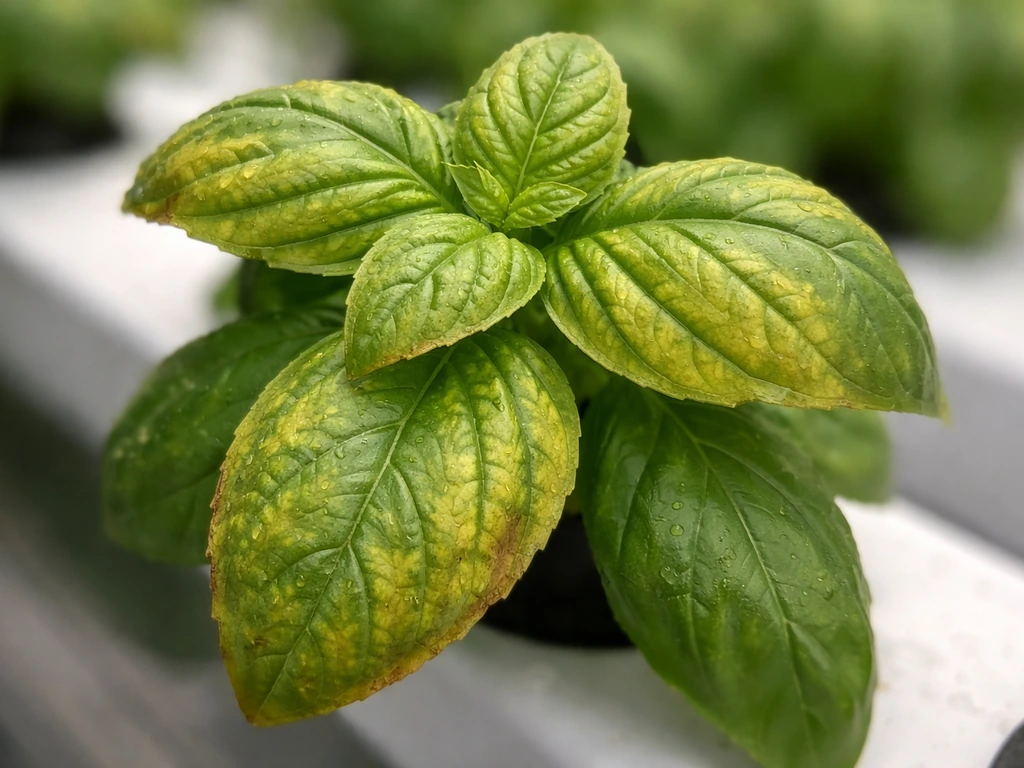 Close-up of older plant leaves with yellowing between veins indicating magnesium deficiency.