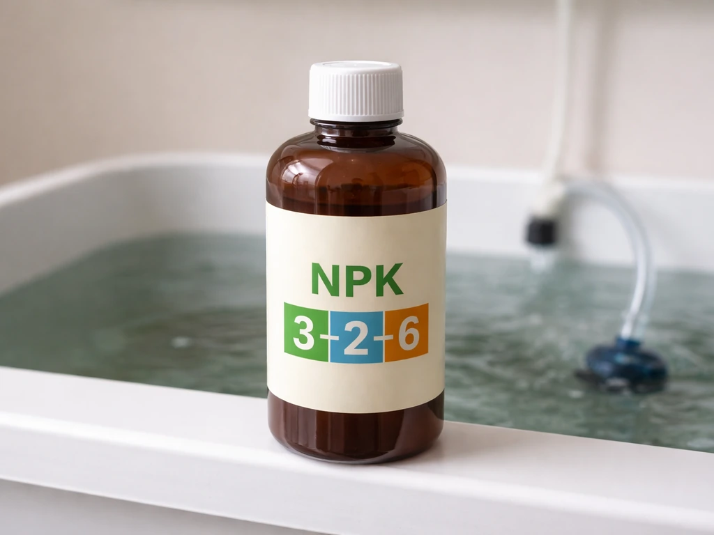 Close-up of a hydroponic nutrient bottle with an NPK-style label beside an air stone in a clean grow tank.