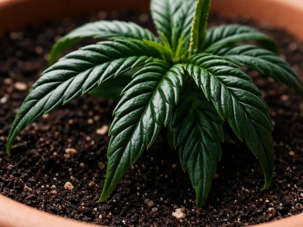 Close-up of dark, clawing deep-green plant leaves in soil showing nitrogen toxicity overfeeding.