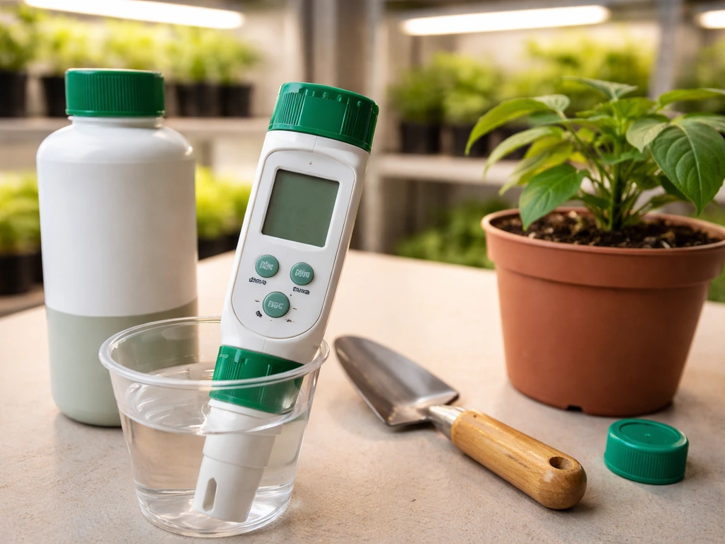 Close-up of a pH/EC meter and fertilizer bottle beside a potted soil plant in a grow room.