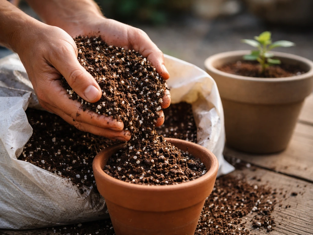 Hands potting aerated, crumbly organic mix into a pot with a healthy seedling in soft focus background.