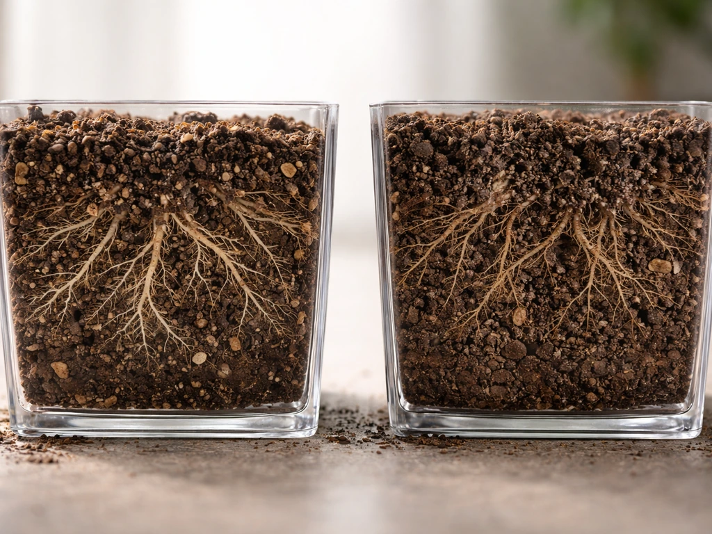 Cutaway of potted roots showing loose aerated mix versus compacted air-poor mix near the root zone.