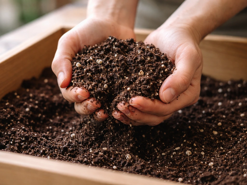Hands scooping premium organic potting mix, showing dark compost and airy perlite/coir texture.