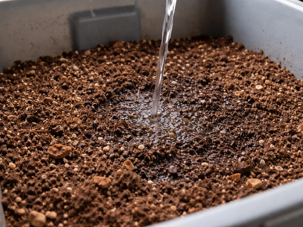 Dry potting mix in a bucket slowly rehydrating as water pours in and darkens it uniformly.