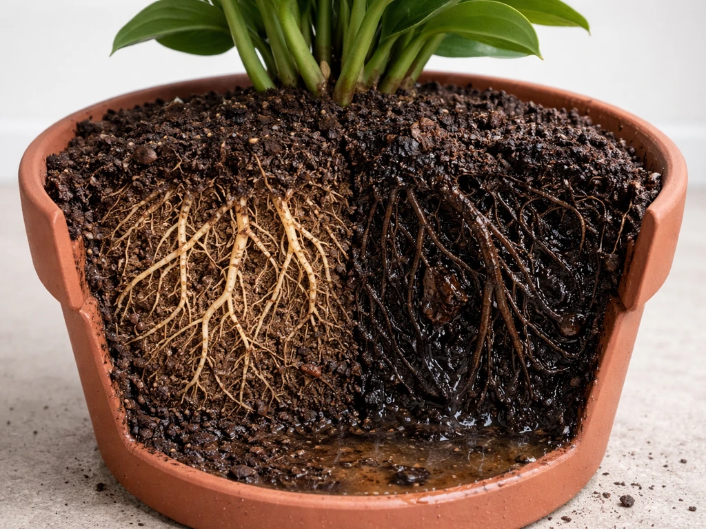 Close-up of a plant with one section showing soggy, dark, foul-smelling roots and a wet soil mix texture