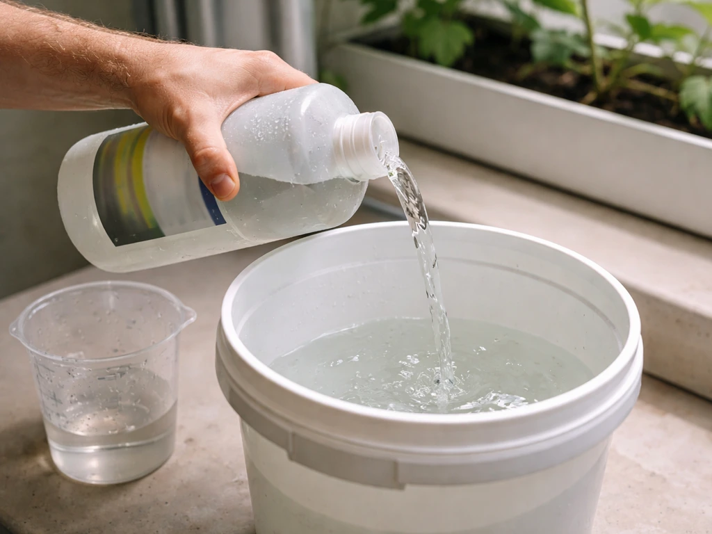 Hands mixing FloraNova Grow solution in a bucket with a measuring jug and water