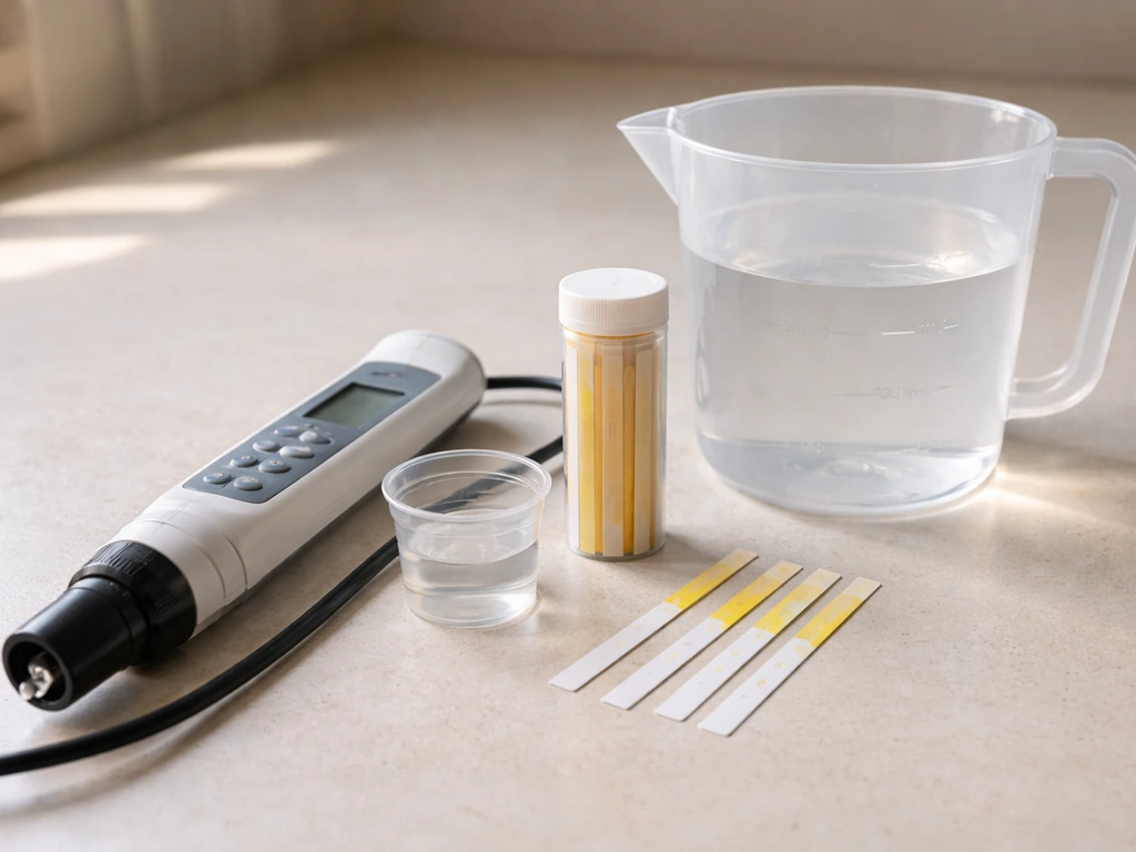 EC/PPM meter, pH strips, and a measuring cup of clear solution on a countertop for nutrient dilution checks.