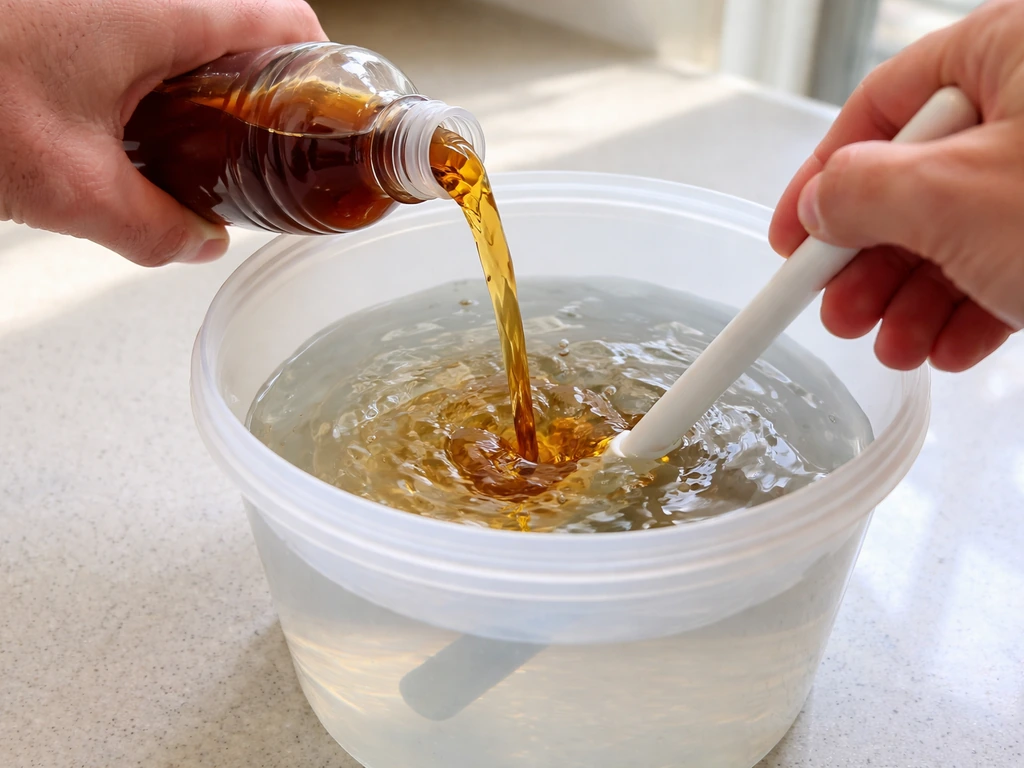 Amber nutrient liquid poured into a bucket of water while stirring, showing a step-by-step mixing moment.