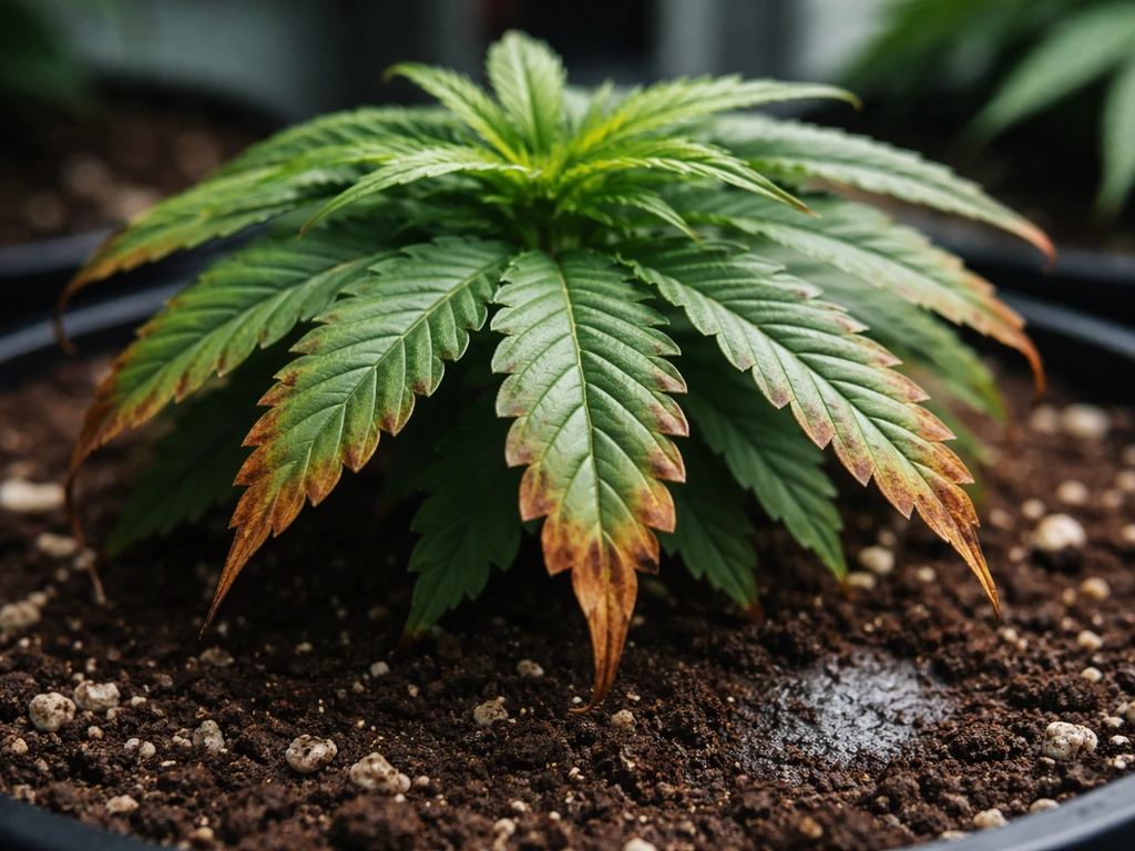 Close-up of indoor plant leaves showing nutrient burn: brown crispy tips and curled edges.