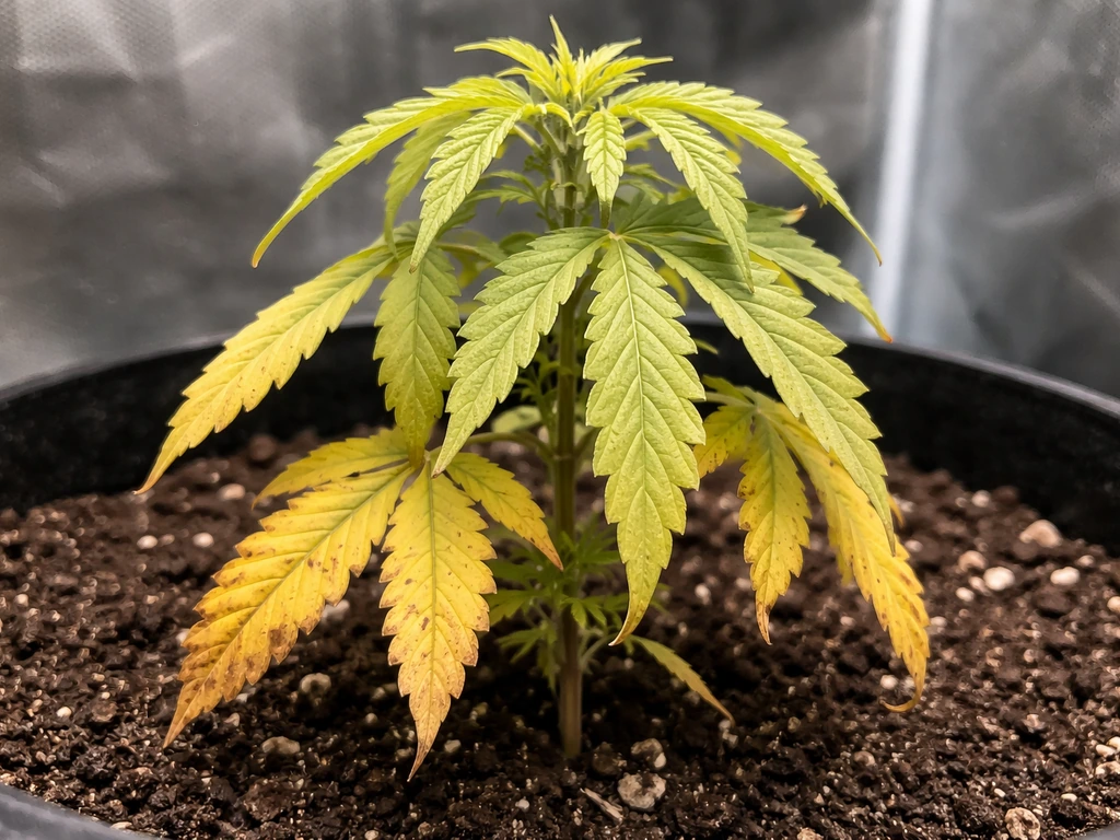 Close-up of an indoor cannabis plant with yellowing lower leaves and pale weak growth from underfeeding.