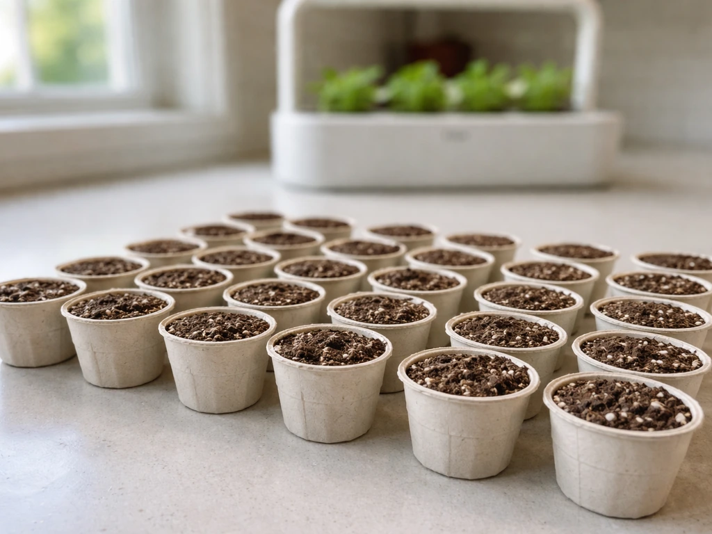 Multiple biodegradable planting pods arranged on a kitchen counter beside a smart garden device.