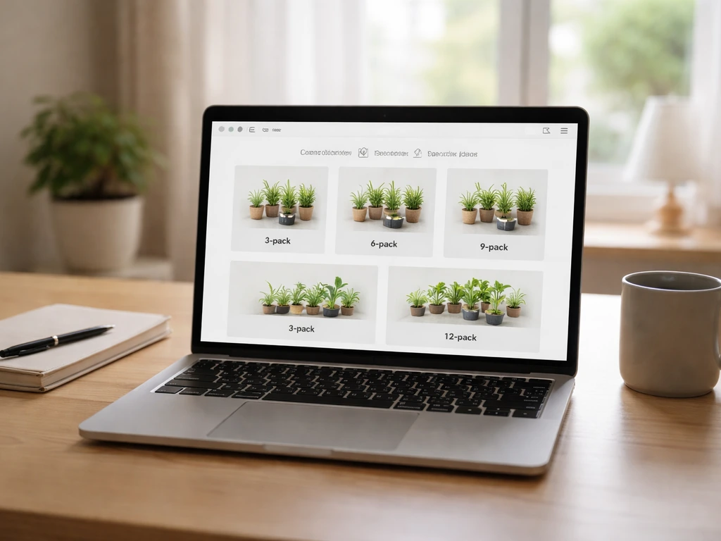 Laptop showing an e-commerce page with categories and plant-type filter chips in a clean home office