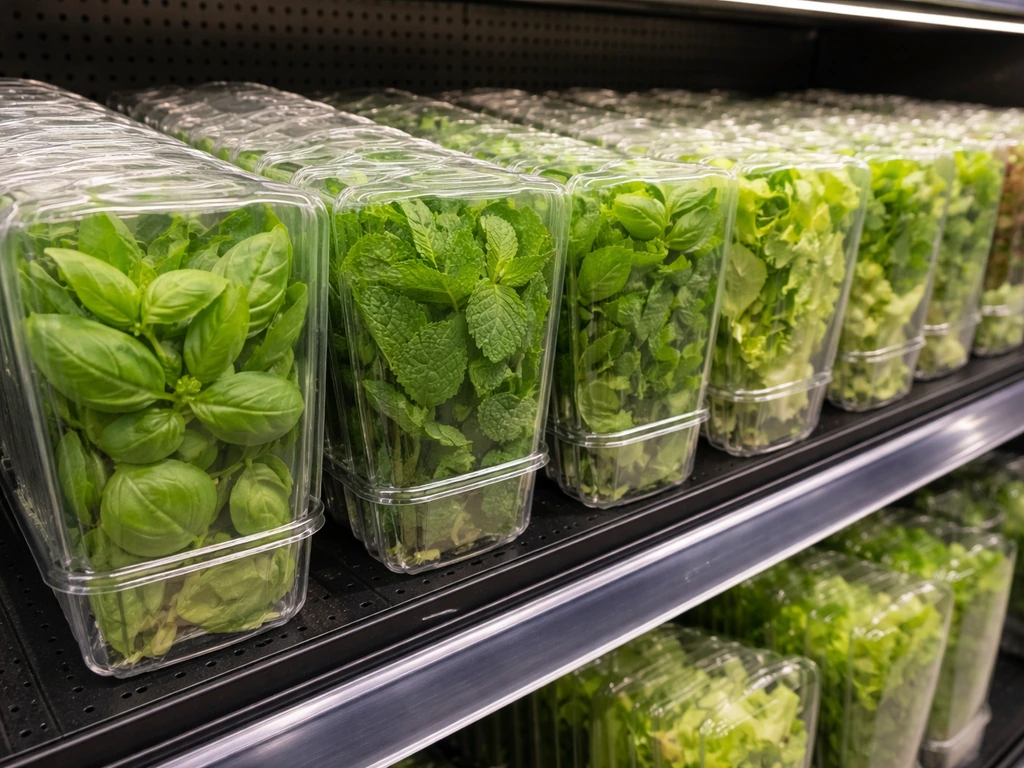 Basil, mint, and lettuce herb pod packs on a grocery store shelf in simple retail packaging.