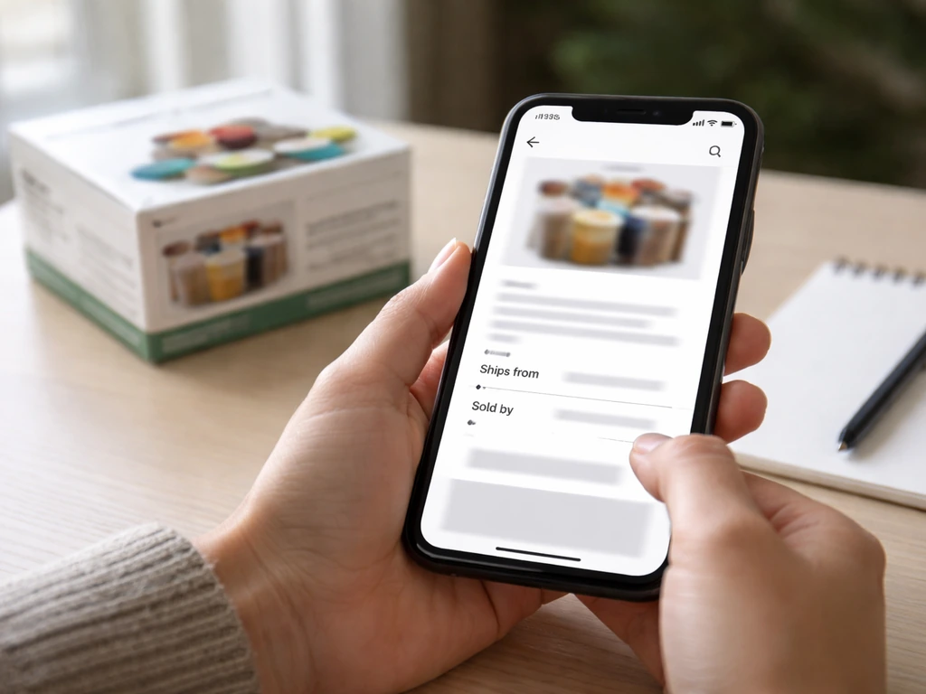 Hands holding a smartphone showing shipping/seller info and a nearby packaged item for an authenticity check.
