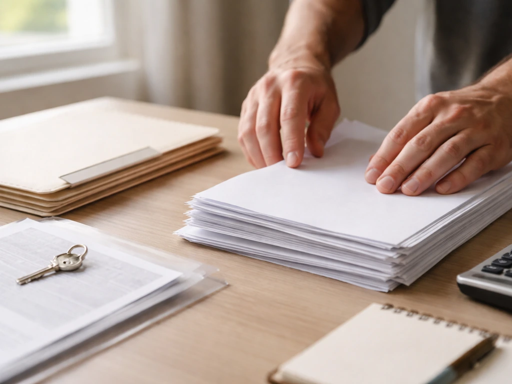 Close-up of hands organizing financial documents and a calculator on a tidy desk for net-worth research