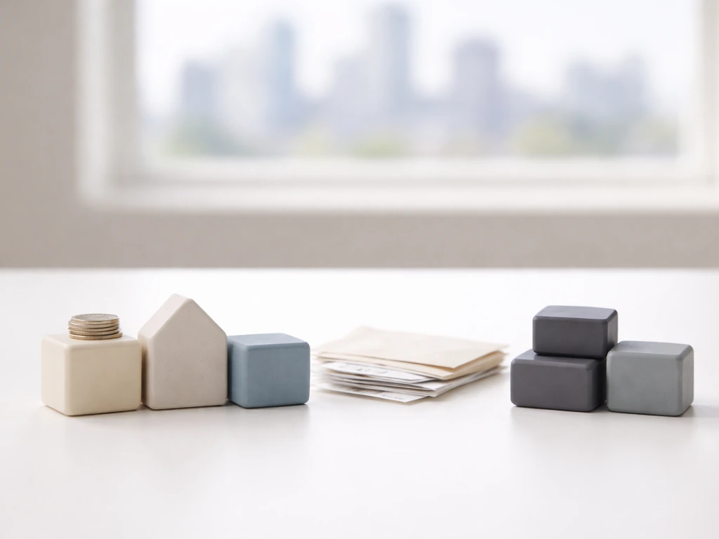 Minimal desk scene with asset blocks and debt blocks suggesting net worth as assets minus liabilities.